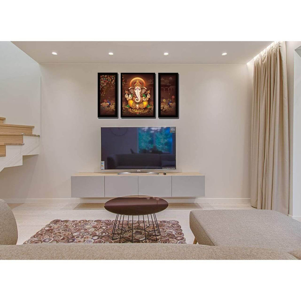 Ganesha Art Framed Painting | UV Textured | 3 Panel Painting | Ready to Hang- (Wood, 24 inch x 18 inch)