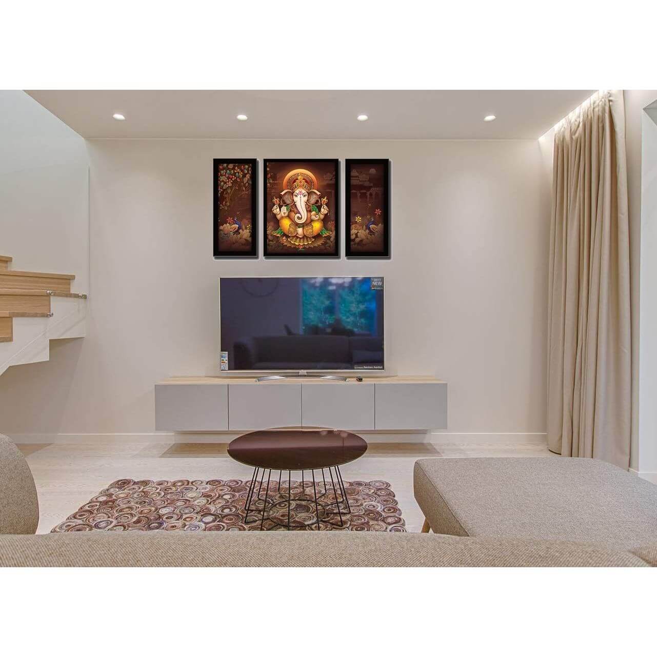 Ganesha Art Framed Painting | UV Textured | 3 Panel Painting | Ready to Hang- (Wood, 24 inch x 18 inch)