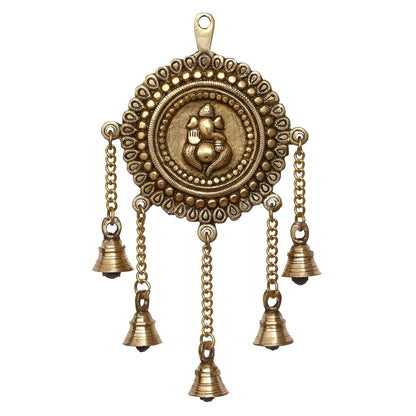 Lord Ganesha Decorative Brass Wall Hanging with 5 Bells, Gold, One Size