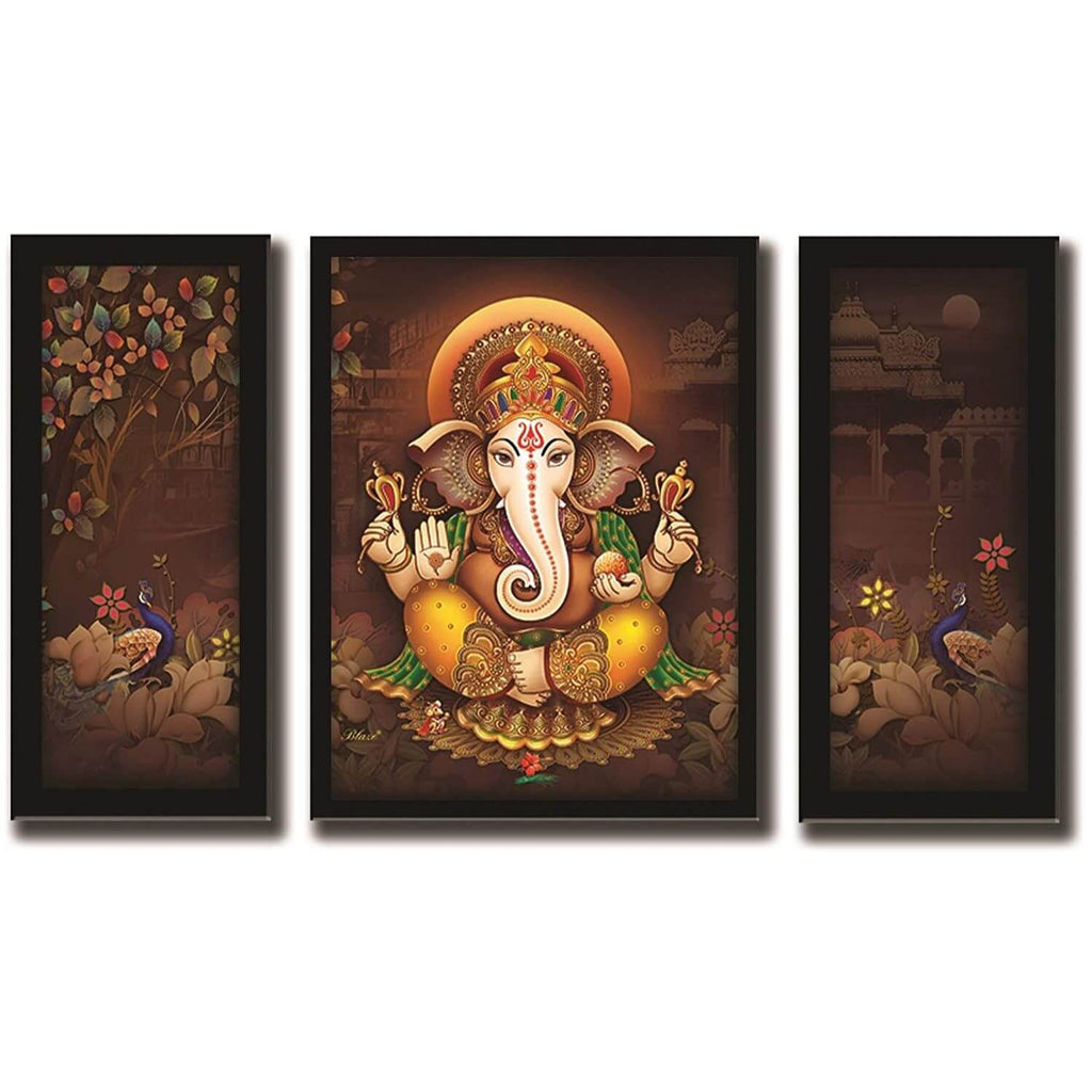 Ganesha Art Framed Painting | UV Textured | 3 Panel Painting | Ready to Hang- (Wood, 24 inch x 18 inch)