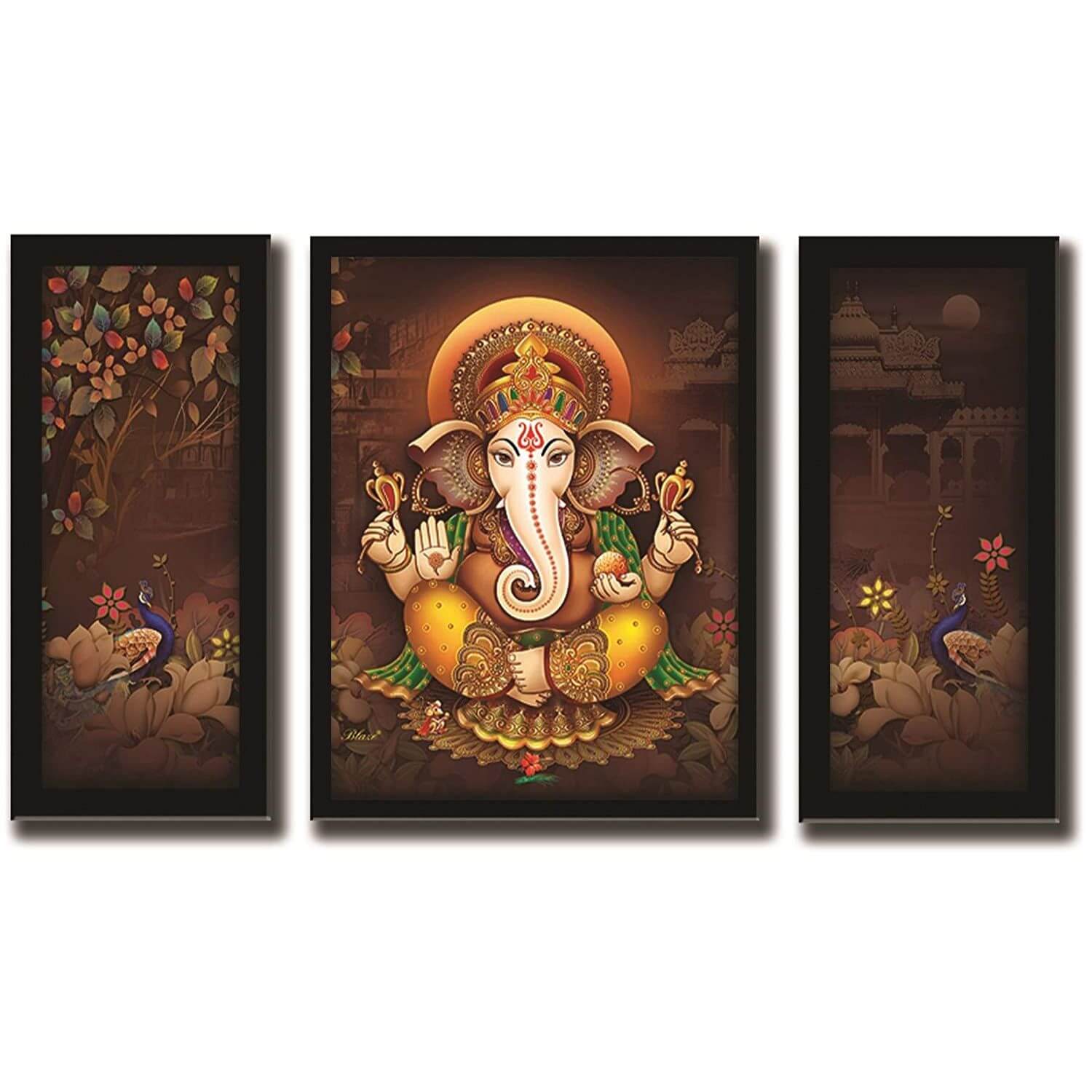 Ganesha Art Framed Painting | UV Textured | 3 Panel Painting | Ready to Hang- (Wood, 24 inch x 18 inch)
