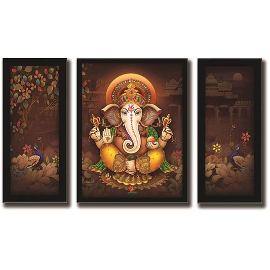 Ganesha Kunst gerahmtes Gemälde | UV-texturiert | 3 Tafelbild | Fertig zum Aufhängen - (Holz, 24 Zoll x 18 Zoll)