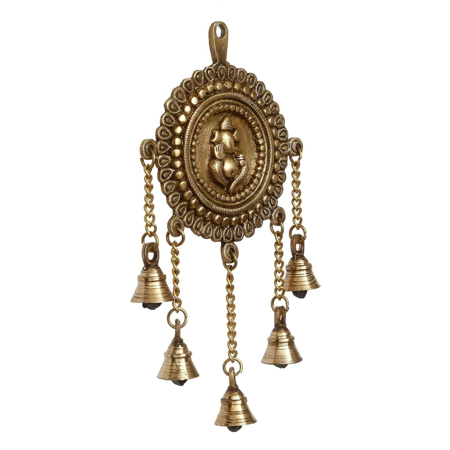 Lord Ganesha Decorative Brass Wall Hanging with 5 Bells, Gold, One Size