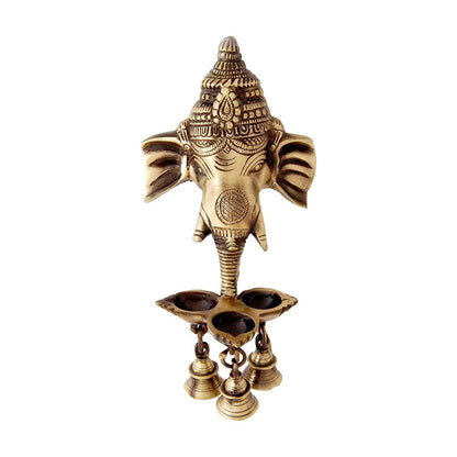 Brass Ganesha Wall Hanging Diya with Bells for Home Decor, Oil Lamp for Diwali, Ghanti for Pooja, Temple Decor, Standard (Pack of 1)