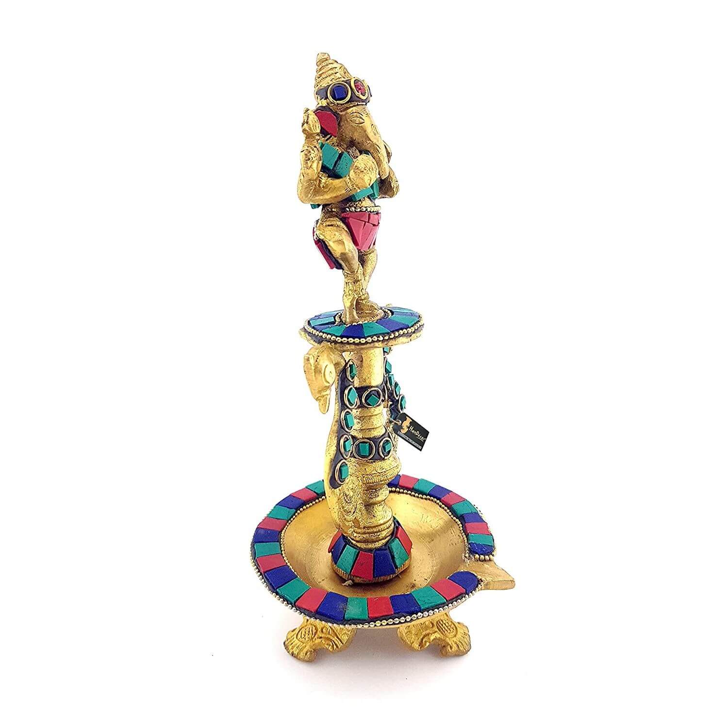 Dancing Ganesha Gemstone Work Brass Oil Diya, Multicolored