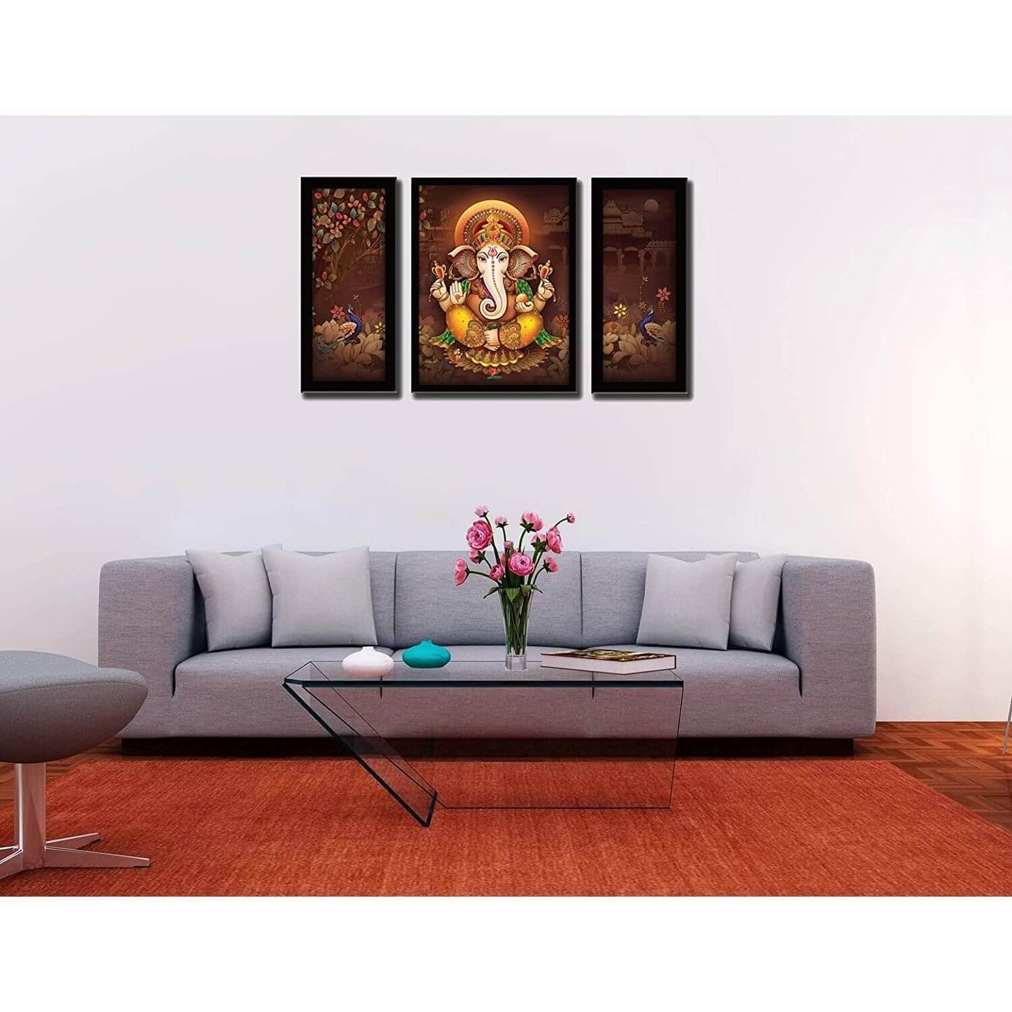 Ganesha Art Framed Painting | UV Textured | 3 Panel Painting | Ready to Hang- (Wood, 24 inch x 18 inch)