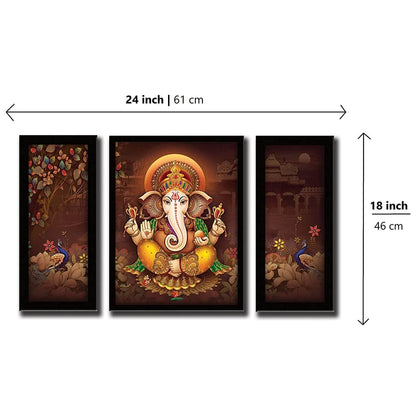 Ganesha Art Framed Painting | UV Textured | 3 Panel Painting | Ready to Hang- (Wood, 24 inch x 18 inch)