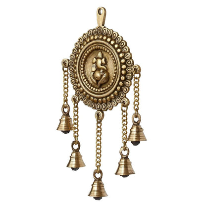 Lord Ganesha Decorative Brass Wall Hanging with 5 Bells, Gold, One Size