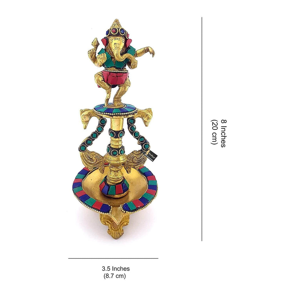 Dancing Ganesha Gemstone Work Brass Oil Diya, Multicolored