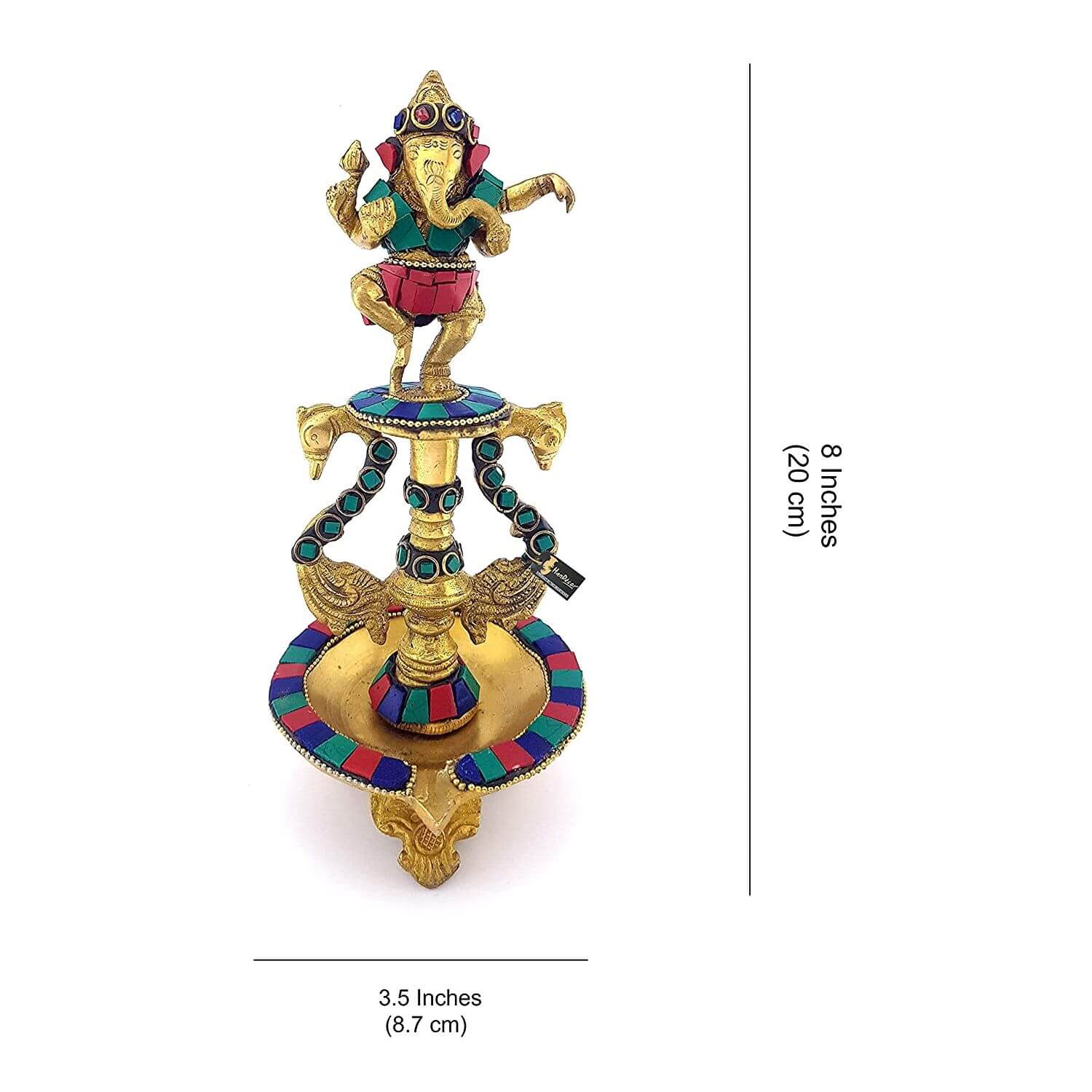 Dancing Ganesha Gemstone Work Brass Oil Diya, Multicolored