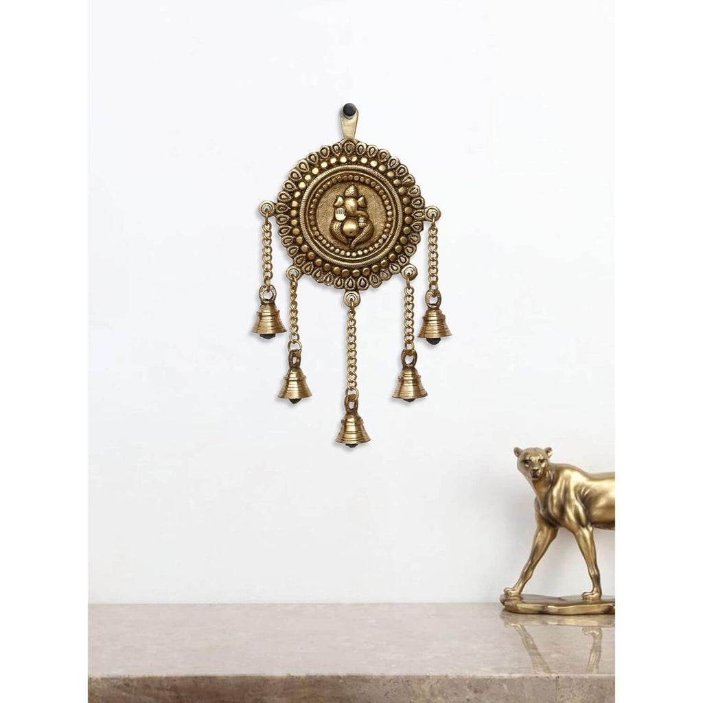 Lord Ganesha Decorative Brass Wall Hanging with 5 Bells, Gold, One Size