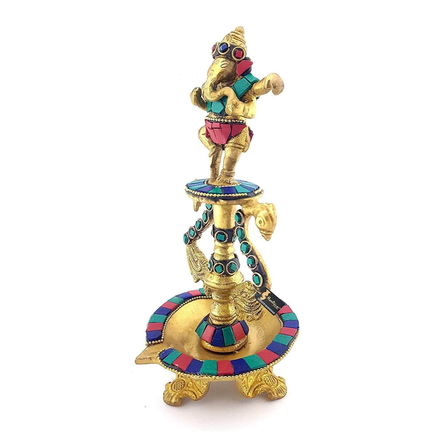 Dancing Ganesha Gemstone Work Brass Oil Diya, Multicolored
