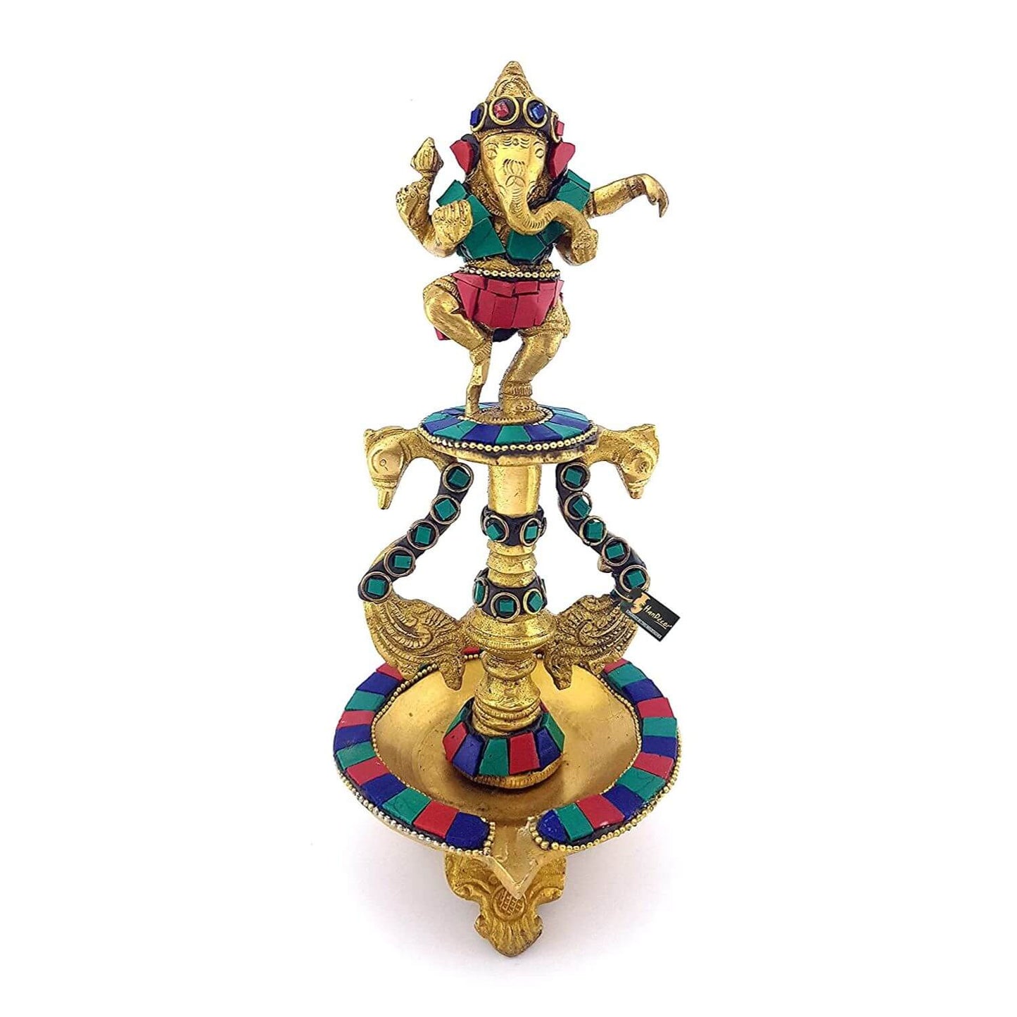 Dancing Ganesha Gemstone Work Brass Oil Diya, Multicolored