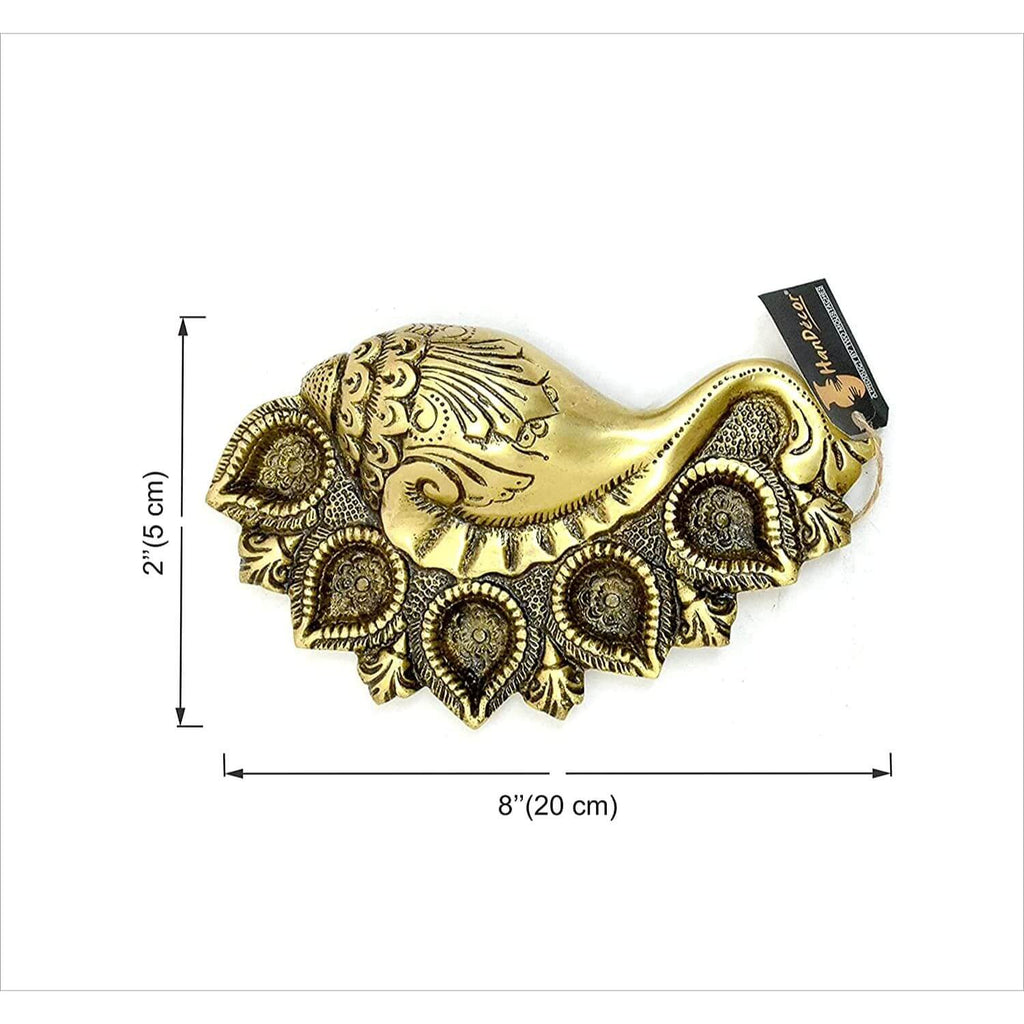 Brass Shankh Design 5 Oil Wick Diya (Yellow 8x5x2 Inch)