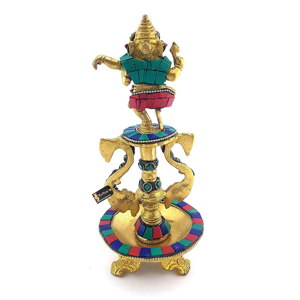 Dancing Ganesha Gemstone Work Brass Oil Diya, Multicolored