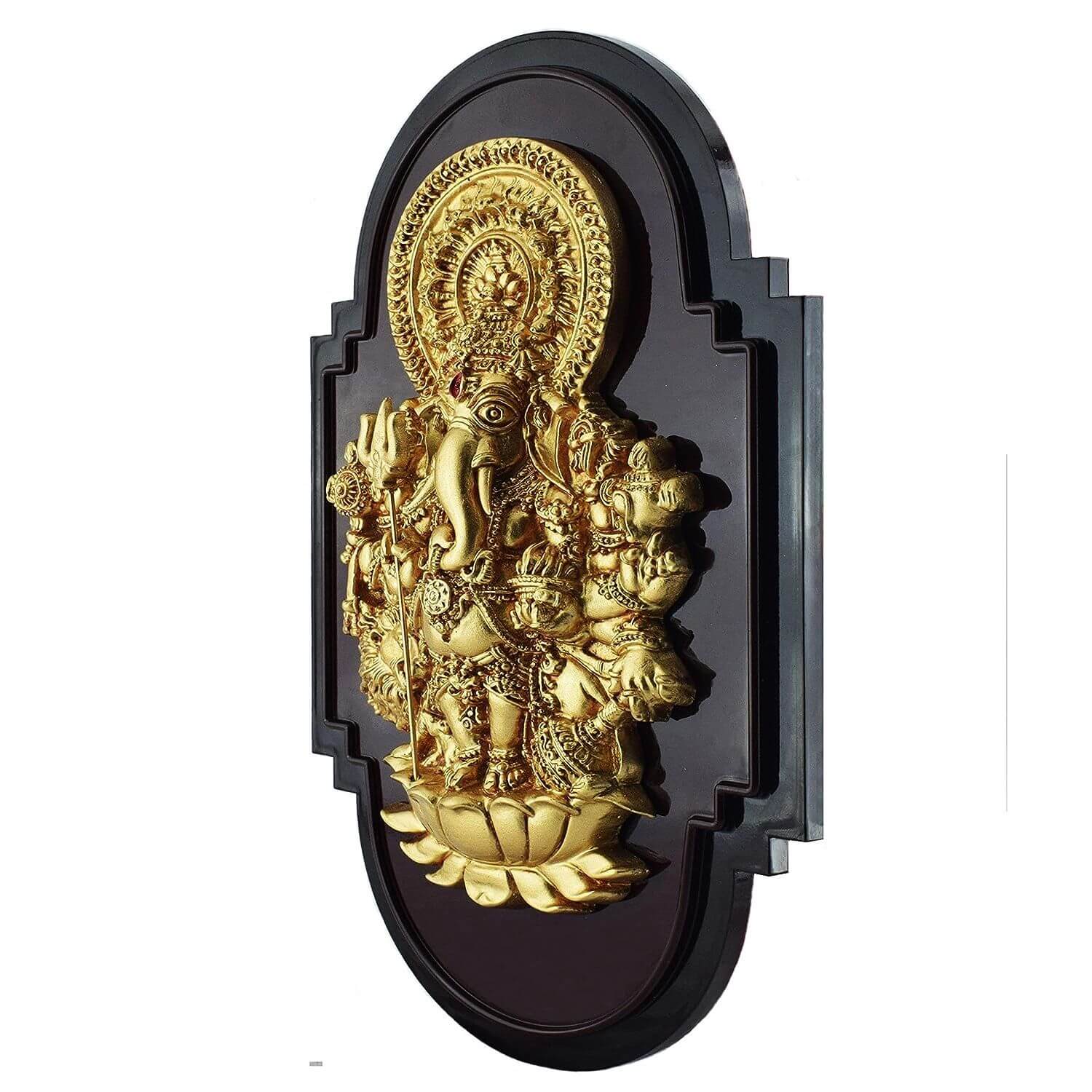 Sri Shubha Drishti Ganapathy / Ganesha for Home Entrance Wall Hanging with Yantra (Brown and Gold, 12" X 7" Inch)