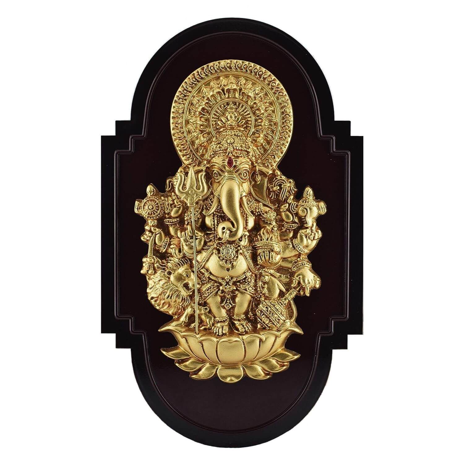 Sri Shubha Drishti Ganapathy / Ganesha for Home Entrance Wall Hanging with Yantra (Brown and Gold, 12" X 7" Inch)