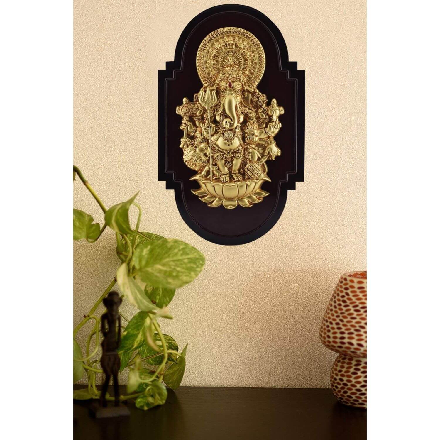 Sri Shubha Drishti Ganapathy / Ganesha for Home Entrance Wall Hanging with Yantra (Brown and Gold, 12" X 7" Inch)