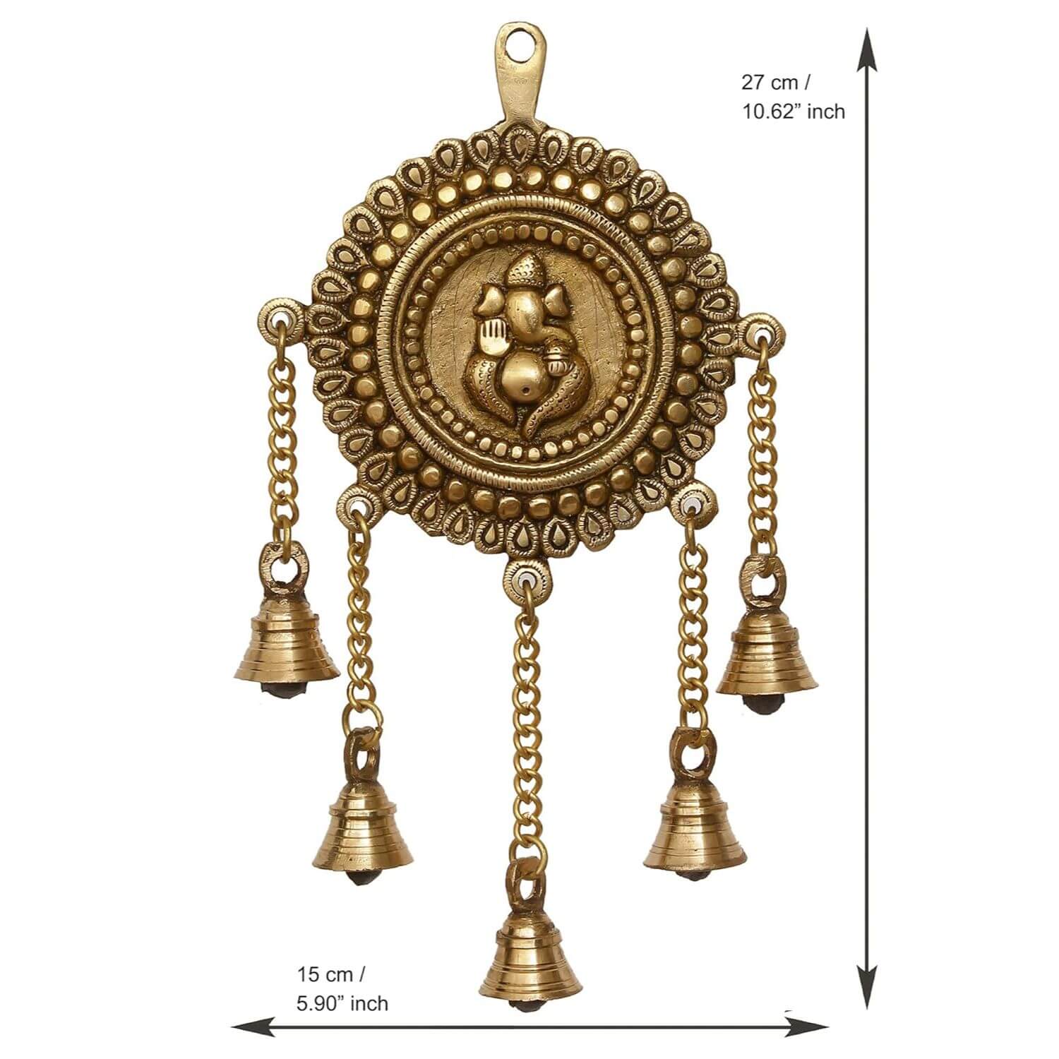 Lord Ganesha Decorative Brass Wall Hanging with 5 Bells, Gold, One Size
