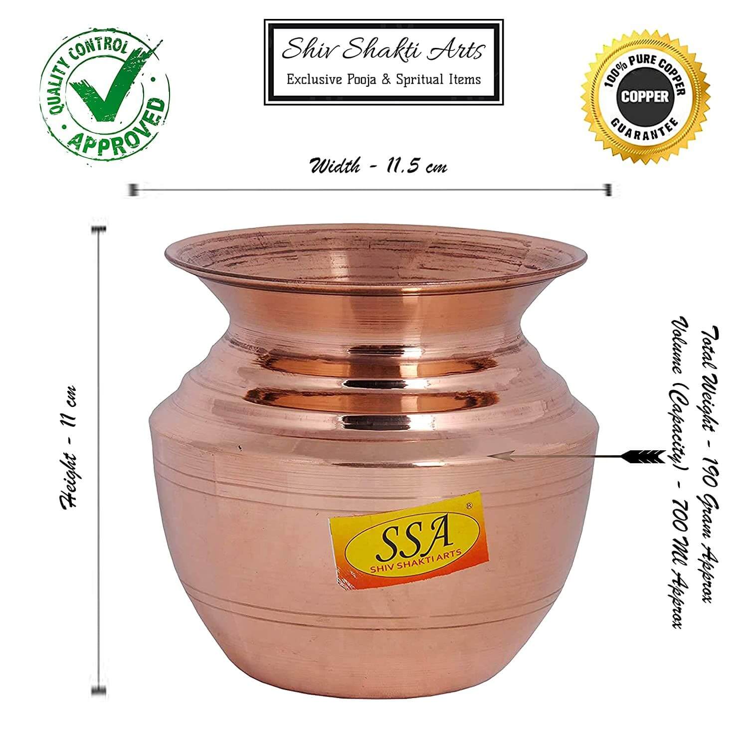 Handmade Pure Copper Rounded and Curved Design Kalash/Lota for Pooja (700 ml, Brown)