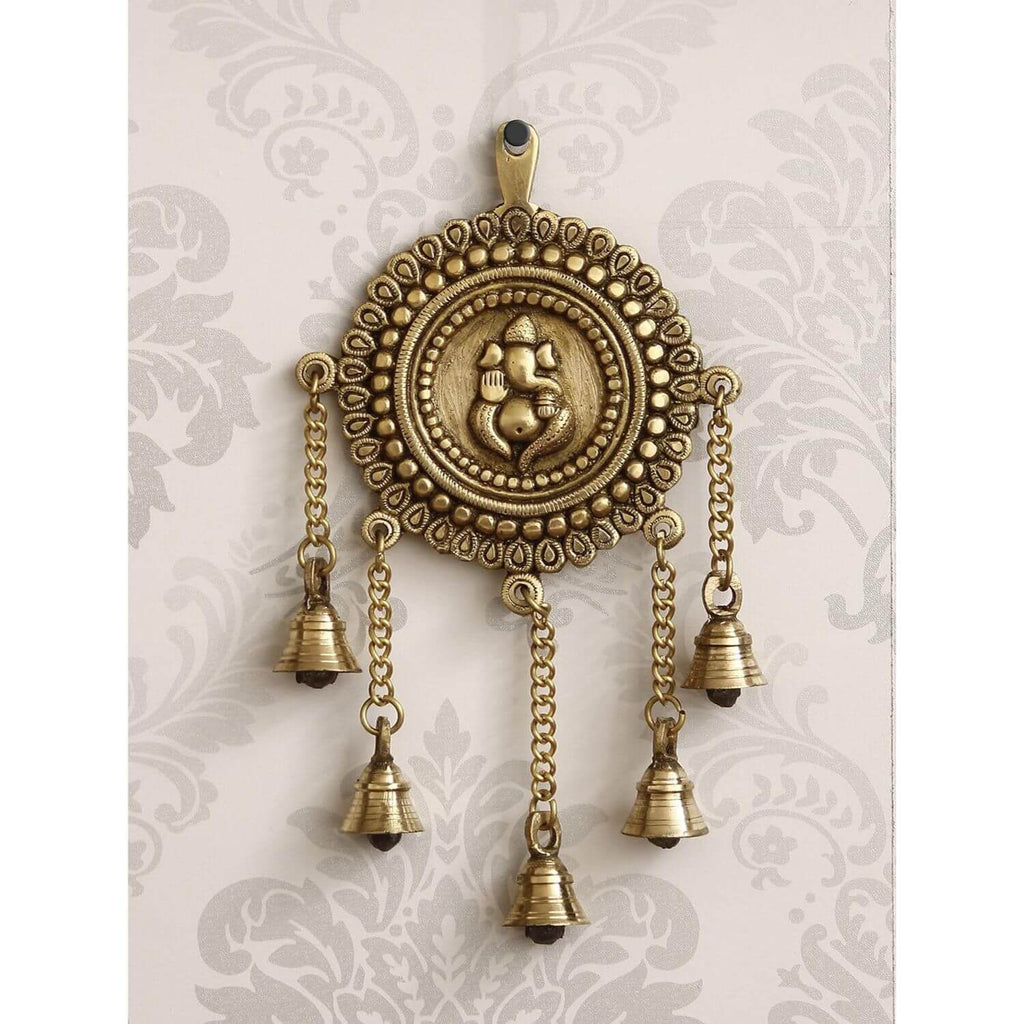 Lord Ganesha Decorative Brass Wall Hanging with 5 Bells, Gold, One Size