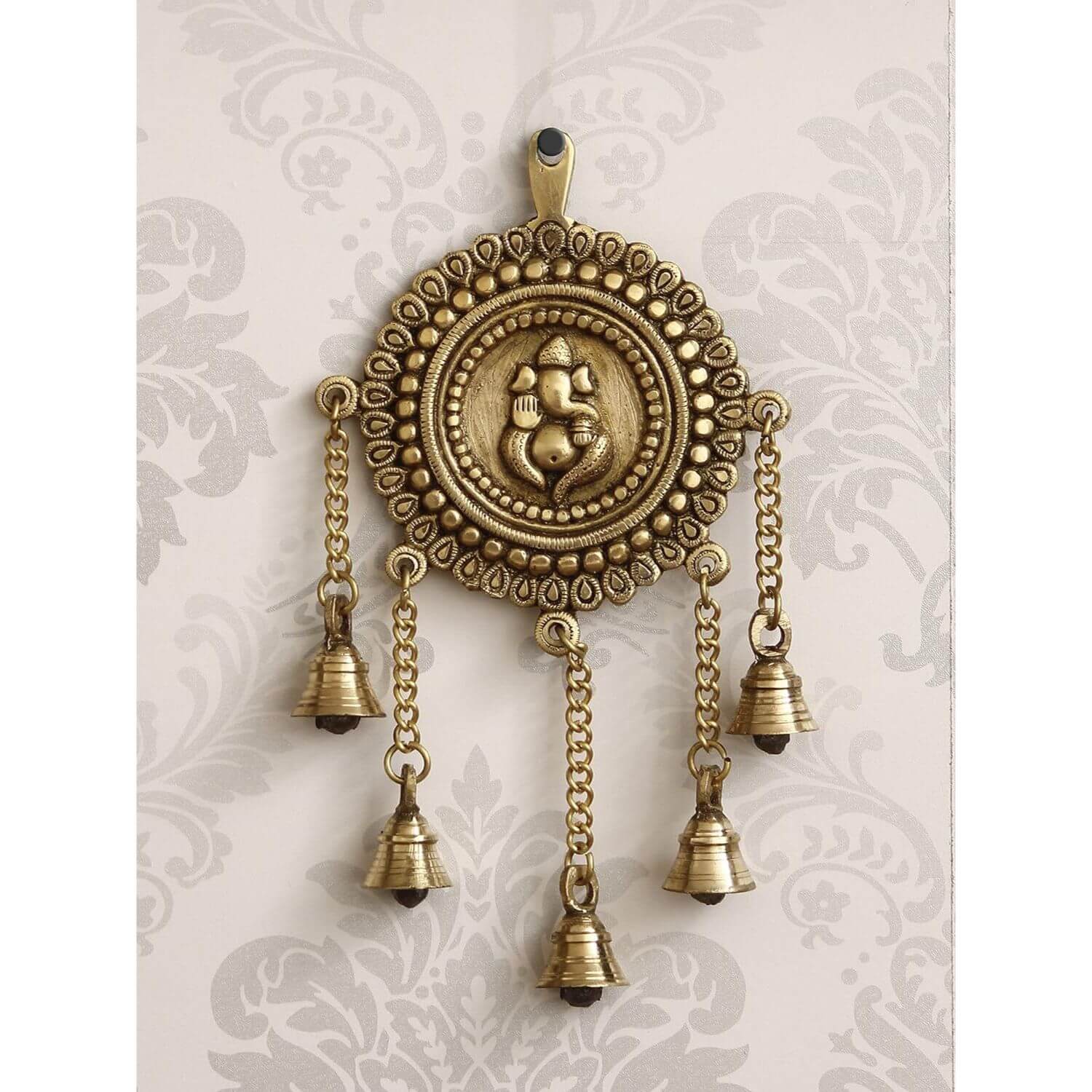 Lord Ganesha Decorative Brass Wall Hanging with 5 Bells, Gold, One Size