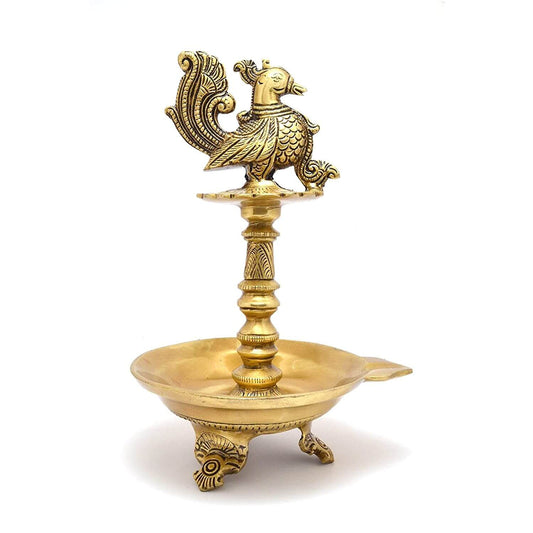 Brass Peacock Design Oil Diya with Base for Home Decor (6 x 5 x 9 Inch; Weight 1.5 kg)
