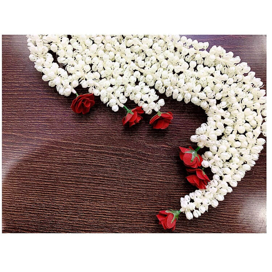 Artificial Jasmine Buds (Mogra) & Rose Strings garlands for Festivals Pooja Wedding Housewarming Diwali Decorations (Approx. 2.5 ft/30 Inches | 6 Strings)