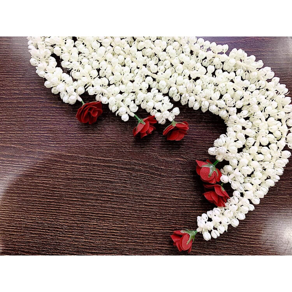 Artificial Jasmine Buds (Mogra) & Rose Strings garlands for Festivals Pooja Wedding Housewarming Diwali Decorations (Approx. 2.5 ft/30 Inches | 6 Strings)