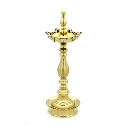 10 Inch Tall - 7 Faced Antique Brass Diya with Kalash Design at Centre and Lined Pattern Stand (900 g) Mangal Fashions | Indian Home Decor and Craft