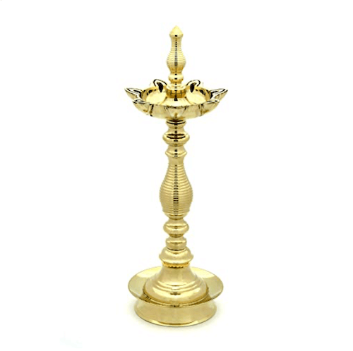 10 Inch Tall - 7 Faced Antique Brass Diya with Kalash Design at Centre and Lined Pattern Stand (900 g) Mangal Fashions | Indian Home Decor and Craft