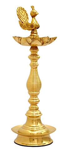 10 Inch Tall - 7 Faced Antique Brass Diya with Peacock / Mayur Design at Centre and Lined Pattern Stand (900 g) Mangal Fashions | Indian Home Decor and Craft