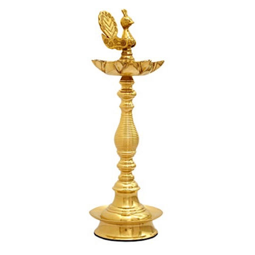 10 Inch Tall - 7 Faced Antique Brass Diya with Peacock / Mayur Design at Centre and Lined Pattern Stand (900 g) Mangal Fashions | Indian Home Decor and Craft