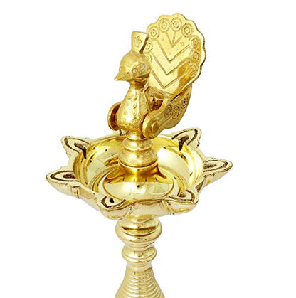 10 Inch Tall - 7 Faced Antique Brass Diya with Peacock / Mayur Design at Centre and Lined Pattern Stand (900 g) Mangal Fashions | Indian Home Decor and Craft