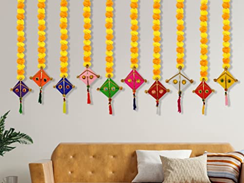 10 Pack - Approx. 42 Inches - Handmade Artificial Marigold Fluffy Flowers Colorful Woolen Kite Bells Hangings Mangal Fashions | Indian Home Decor and Craft