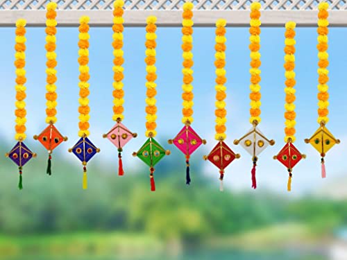 10 Pack - Approx. 42 Inches - Handmade Artificial Marigold Fluffy Flowers Colorful Woolen Kite Bells Hangings Mangal Fashions | Indian Home Decor and Craft