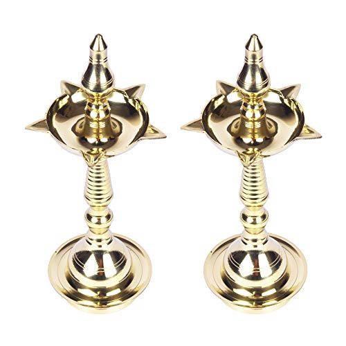 11.5 Inch - Set of 2 Pure Brass Kerala Fancy Diya for Pooja Mangal Fashions | Indian Home Decor and Craft