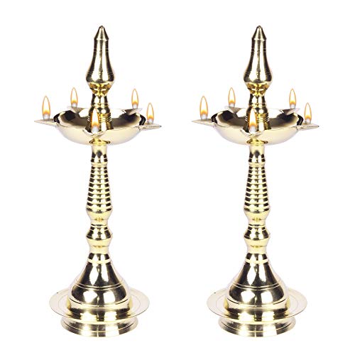 11.5 Inch - Set of 2 Pure Brass Kerala Fancy Diya for Pooja Mangal Fashions | Indian Home Decor and Craft