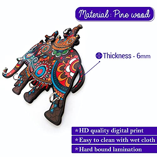 11 Inch | 4 Hook - Designer Wall Mount Wooden (Pine Wood) Key Holder - Elephant (Multicolor) Mangal Fashions | Indian Home Decor and Craft