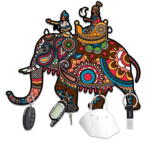 11 Inch | 4 Hook - Designer Wall Mount Wooden (Pine Wood) Key Holder - Elephant (Multicolor) Mangal Fashions | Indian Home Decor and Craft