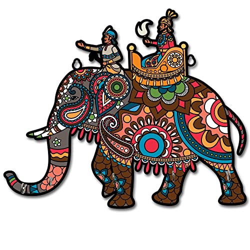 11 Inch | 4 Hook - Designer Wall Mount Wooden (Pine Wood) Key Holder - Elephant (Multicolor) Mangal Fashions | Indian Home Decor and Craft