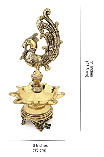 11 Inch Tall - 9 Faced Peacock Design Oil Wick Brass Diya (Antique; Weight 2.18 kg) Mangal Fashions | Indian Home Decor and Craft