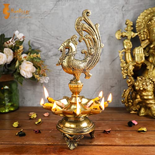 11 Inch Tall - 9 Faced Peacock Design Oil Wick Brass Diya (Antique; Weight 2.18 kg) Mangal Fashions | Indian Home Decor and Craft