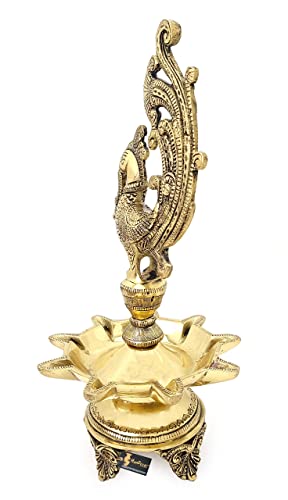11 Inch Tall - 9 Faced Peacock Design Oil Wick Brass Diya (Antique; Weight 2.18 kg) Mangal Fashions | Indian Home Decor and Craft
