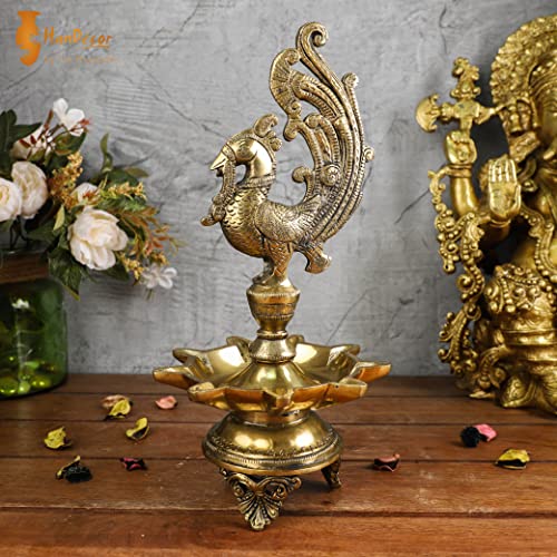 11 Inch Tall - 9 Faced Peacock Design Oil Wick Brass Diya (Antique; Weight 2.18 kg) Mangal Fashions | Indian Home Decor and Craft