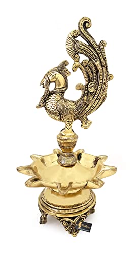 11 Inch Tall - 9 Faced Peacock Design Oil Wick Brass Diya (Antique; Weight 2.18 kg) Mangal Fashions | Indian Home Decor and Craft