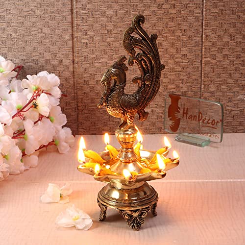 11 Inch Tall - 9 Faced Peacock Design Oil Wick Brass Diya (Antique; Weight 2.18 kg) Mangal Fashions | Indian Home Decor and Craft