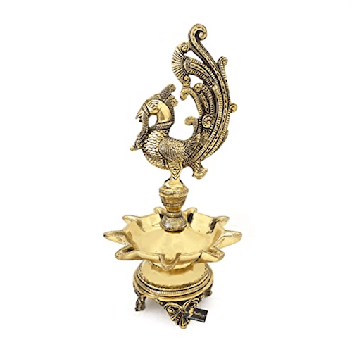 11 Inch Tall - 9 Faced Peacock Design Oil Wick Brass Diya (Antique; Weight 2.18 kg) Mangal Fashions | Indian Home Decor and Craft