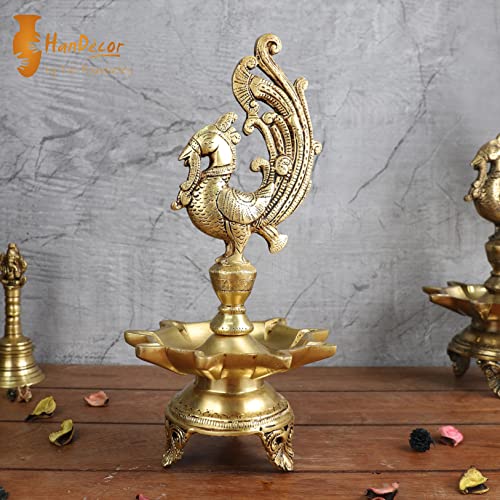11 Inch Tall - 9 Faced Peacock Design Oil Wick Brass Diya (Golden; Weight 2 kg) Mangal Fashions | Indian Home Decor and Craft