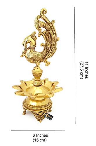 11 Inch Tall - 9 Faced Peacock Design Oil Wick Brass Diya (Golden; Weight 2 kg) Mangal Fashions | Indian Home Decor and Craft
